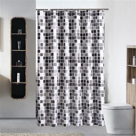 Blackwhitegray Plaid Bathtub Bathroom Fabric Shower Curtain Waterproof Mildewproof With 12