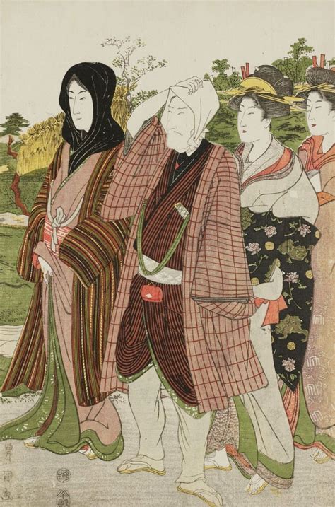 actors and women walking ukiyo e woodblock print early 19th century japan artist utagawa