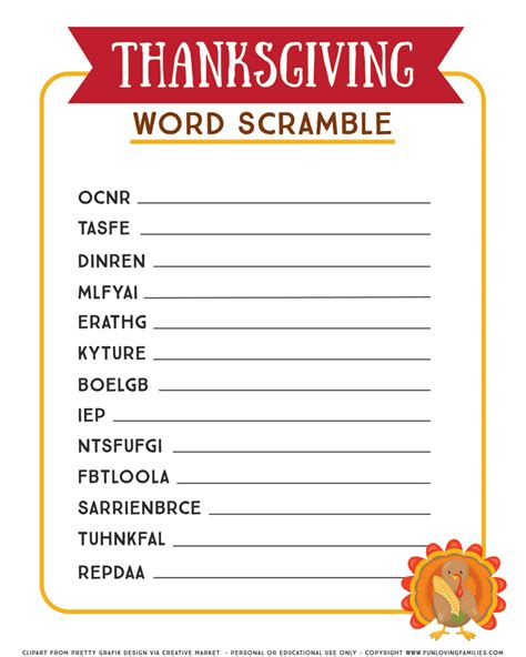 Printable Thanksgiving Word Scramble