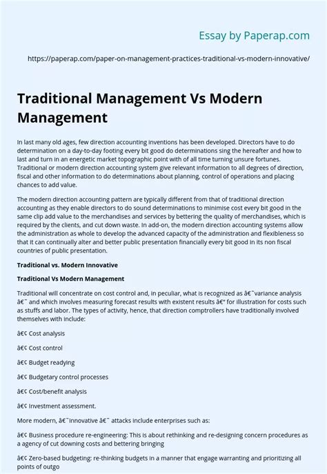 Traditional Management Vs Modern Management Free Essay Example