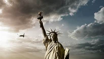 Liberty Statue Clouds Sunlight Wallpapers Statues Airplane