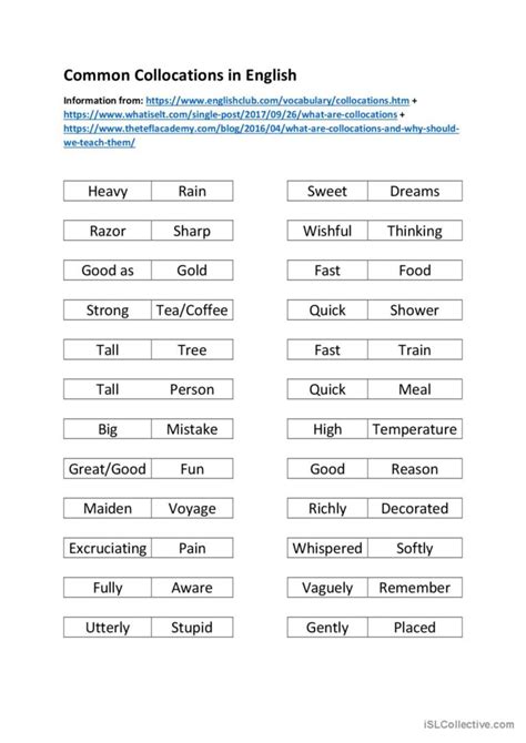 Common English Collocations English Esl Worksheets Pdf And Doc