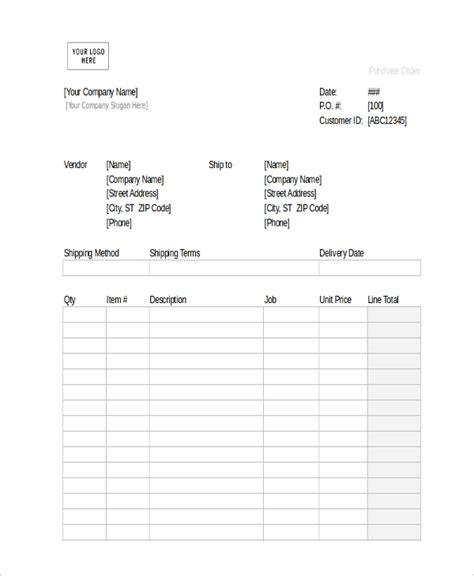 Free Sample Blank Purchase Order Forms In Pdf Ms Word Ms Excel