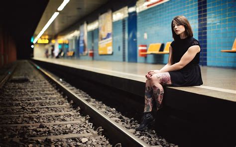 Wallpaper Women Black Dress Brunette Sitting Vehicle Photography Railway Tattoo Train
