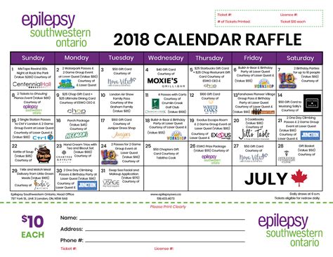 Calendar Raffle Winners Epilepsy Southwestern Ontario