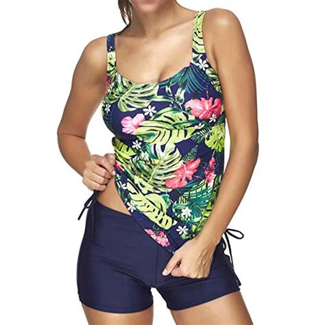 Klv Womens Sexy Floral Print Swimwear Tankini Set Bathing Swimdress Beachwear Swimming Suit For