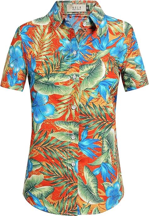 Sslr Damen Blumen Hawaii Aloha Tropische Blusen Button Down Shirt X Large Orange Amazon De