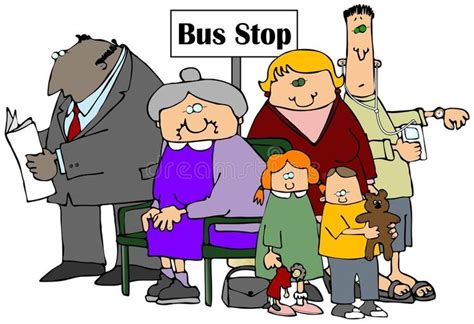 A Group Of People Standing Next To Each Other In Front Of A Bus Stop Sign