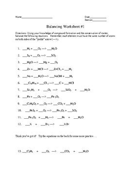A process during which chemical bonds between atoms are broken and new ones are formed. Balancing of Chemical Equations Practice 1 by Fred Ende | TpT