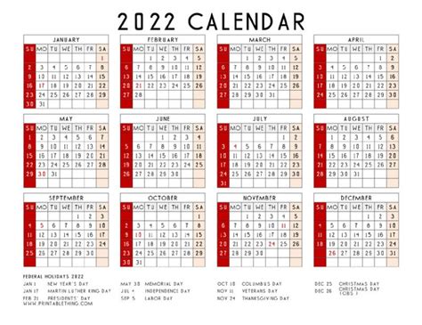 2022 Calendar Printable Pdf 2022 Calendar Printable One Page Usa