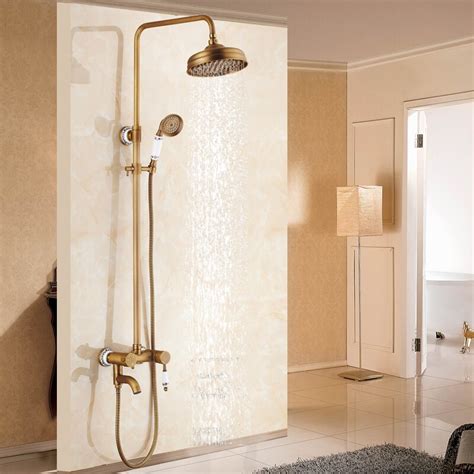 Antique Brass Shower Bath Faucet Sets Wall Mounted Exposed 8 Rainfall