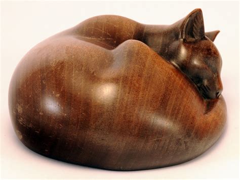 Carved Wood Cat Curled Up Sleeping Katoomie