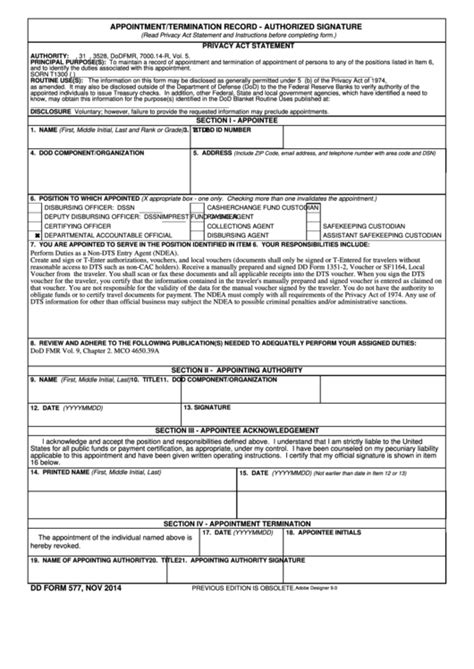 Fillable Dd Form 577 Appointmenttermination Record Authorized