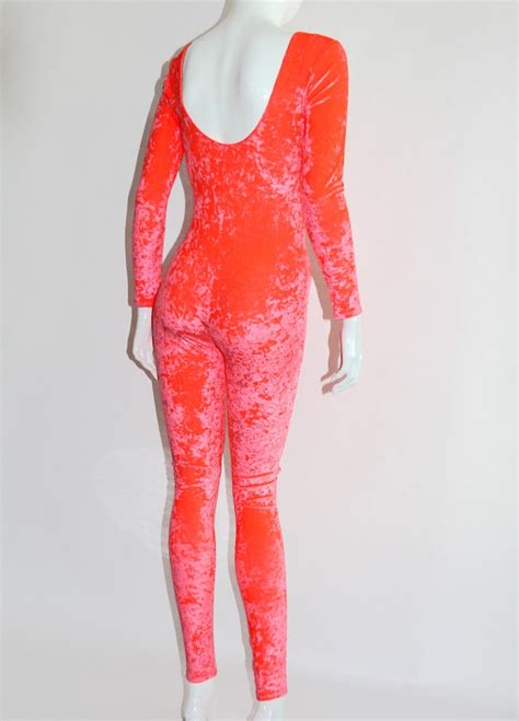 Coral Hot Neon Pink Crushed Stretch Velvet Catsuit Jumpsuit Etsy