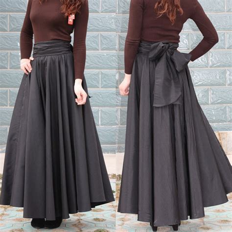 women s skirt long plus size 7xl cotton black solid a line pleated high waist bow belt woman