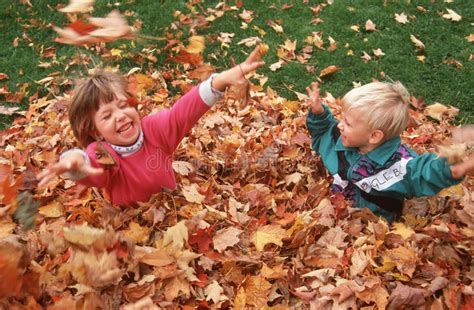 Two Children Playing In Fall Leaves Editorial Stock Image Image 23149739