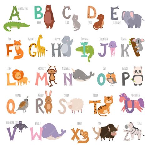 Alfabeto Inglés Lindo Zoológico Con Animales De Dibujos Animados
