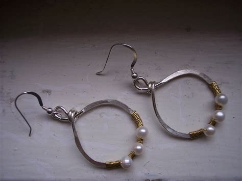 Hammered Sterling Hoops With Freshwater Pearls Wire Wrapped With Brass