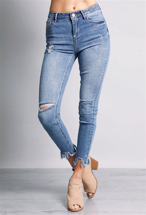 Distressed Frayed Hem Skinny Ankle Jeans Shop Old Sale Bottoms At Papaya Clothing