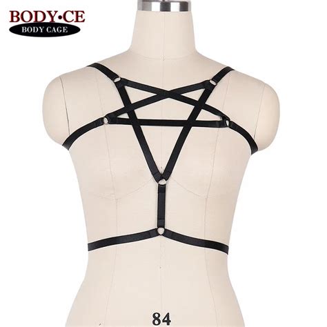 pentagram body harness belt black elastic cage bra strappy tops bondage lingerie sexy goth