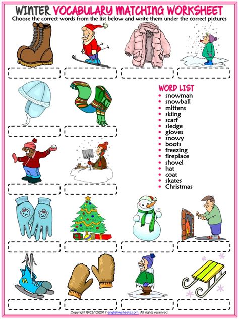 Winter Vocabulary Esl Matching Exercise Worksheet For Kids Snow Winter