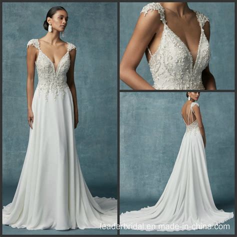Beach Chiffon Wedding Dress Cap Sleeves Lace Bridal Gowns A35 China