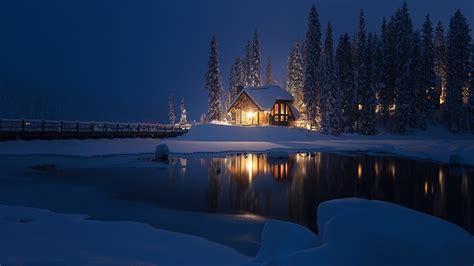 Картинки природа пейзаж зима снег пруд мост дом деревья ночь