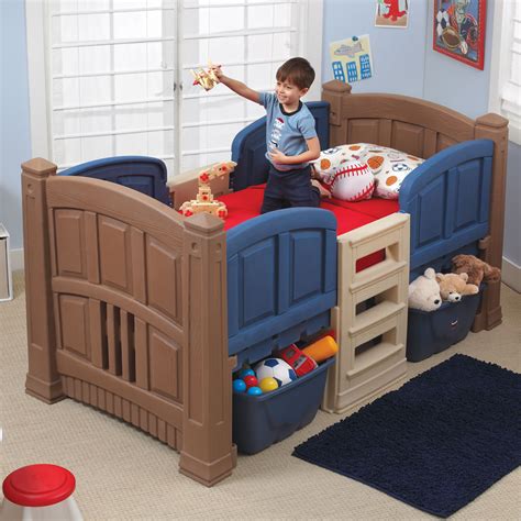 Unlike some developmental milestones of early childhood—such as potty training or starting solids—the move from crib if your toddler is comfortable in their crib and not a climber, then it's fine to let them sleep there past the age of 2—as long as you're mindful of safety. Boy's Loft & Storage Twin Bed | Kids Bed | Step2