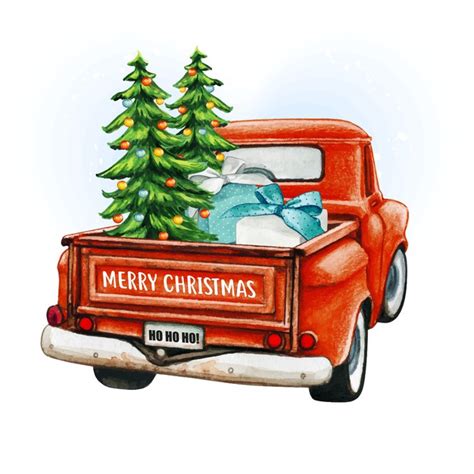 I made up a christmas gift tag that features the red truck and green tree. Premium Vector | Watercolor red christmas vintage truck ...