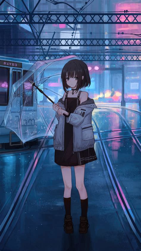750x1334 Anime Girl With Umbrella Under Neon Lights Tram Passing By