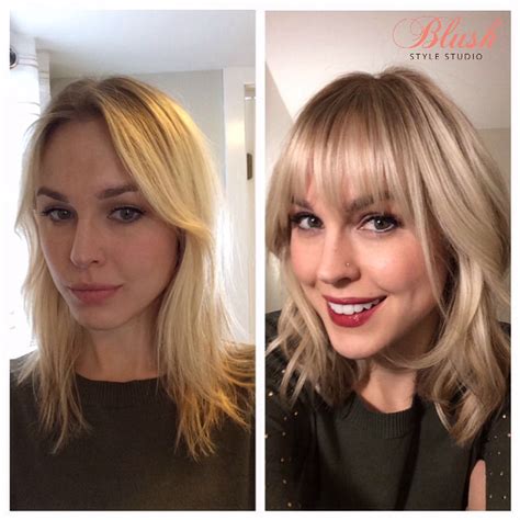 Before And After With Bangs Hairstyle Blonde Highlights Bangs Wavy