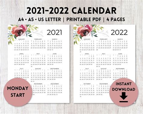 Watercolor Flowers 2022 Calendar Printable Pdf Etsy Images