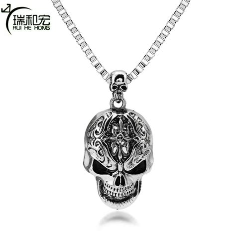 Scary Skeleton Pendant Retro Punk Hip Hop Box Chain Skull Necklaces Pendants Ancient Silver