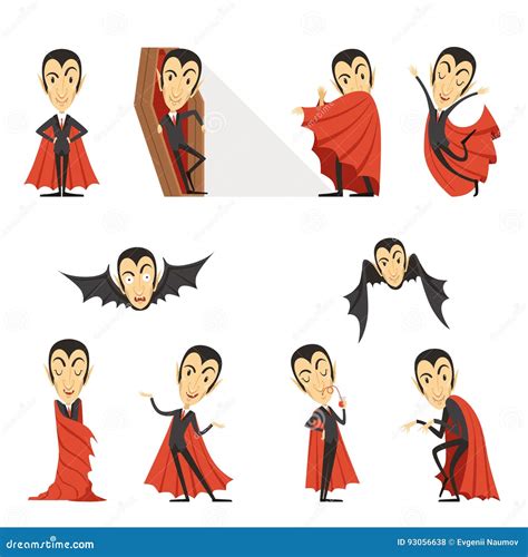 Count Dracula Wearing Red Cape Set Of Cute Cartoon Vampire Characters