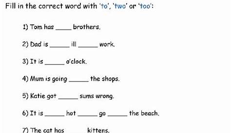to too and two worksheet