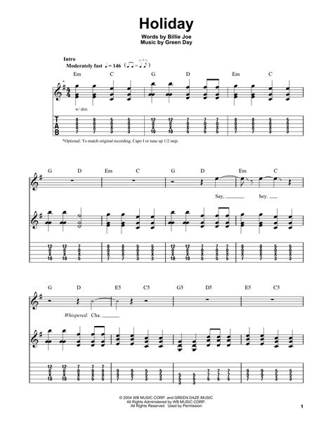 Holiday Sheet Music Green Day Easy Guitar Tab