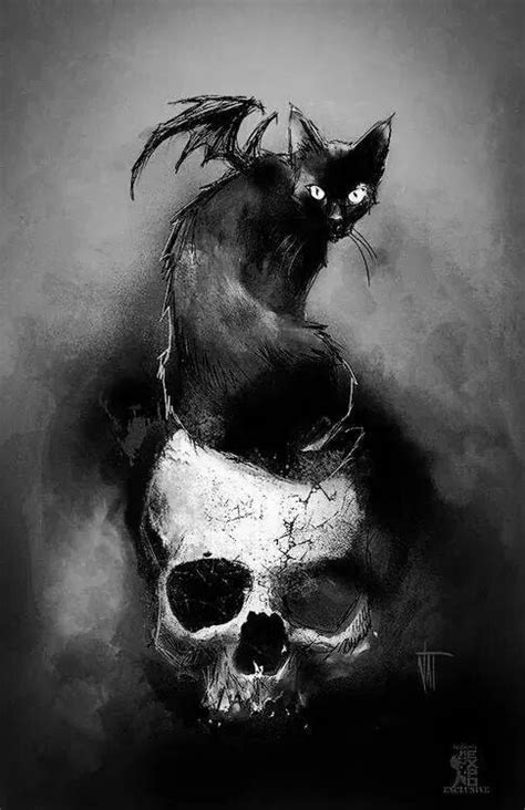 Halloween Gothic Black Cat And Skull Watercolour Art Print Cool