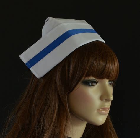 Vintage Style Fabric Nurses Hat White Nurse Cap With Blue Etsy