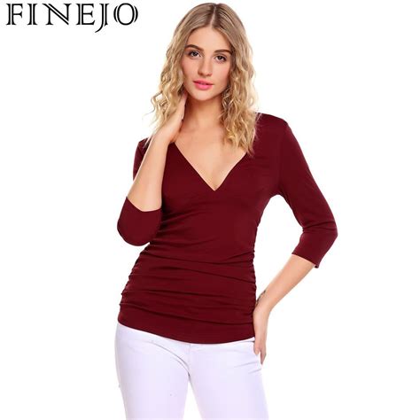 Finejo Women Sexy Party V Neck Plunging 34 Long Sleeve Solid Ruched T