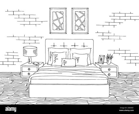Dormitorio gráfico blanco negro hogar interior dibujo ilustración vector Imagen Vector de stock