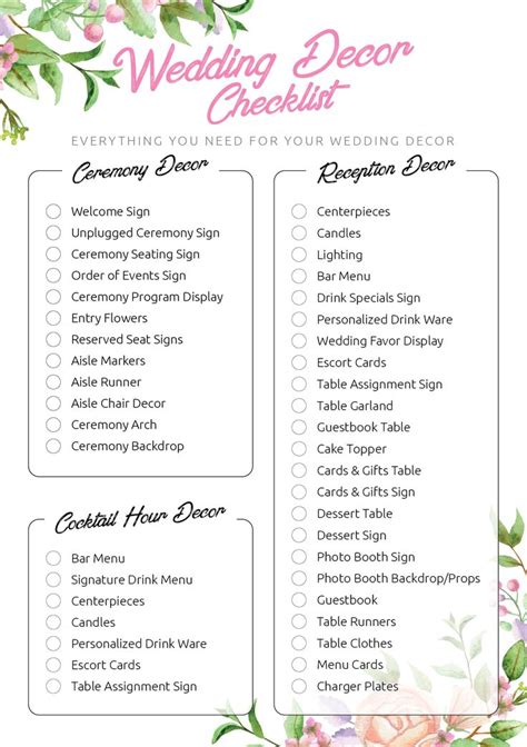 Printable Wedding Decor Checklist PDF Download | Wedding checklist