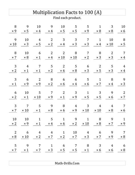 Five minute timed drill with 100 problems. The Multiplication Facts to 100 No Zeros (A) math worksheet from the Multiplicati… | Printable ...