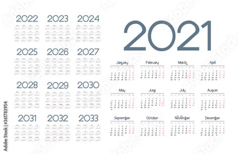 Simple Calendar 2021 2033 On White Background Vector Illustration