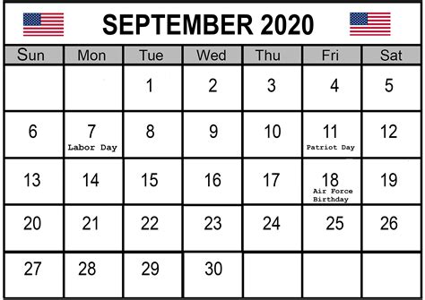 September 2020 Calendar Usa Calendar Usa Holiday Calendar Calendar
