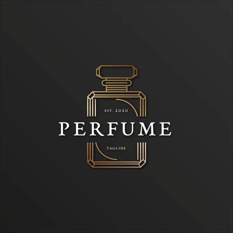 The Perfume Logo Is Shown In Gold And Black With An Elegant Bottle On Top