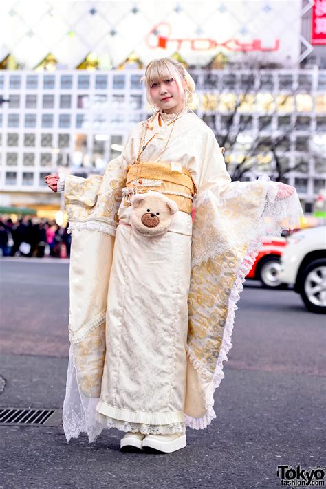 Handmade Japanese Kimono On The Street In Tokyo For Coming Of Age Day