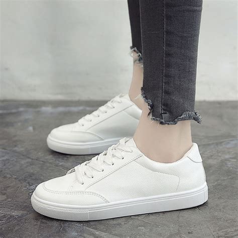 White Leather Sneakers Women Casual Breathable Shoes Lace Up Round Toe