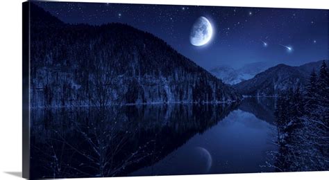 Moon Rising Over Tranquil Lake In The Misty Mountains Against Starry Sky Wall Art Canvas Prints