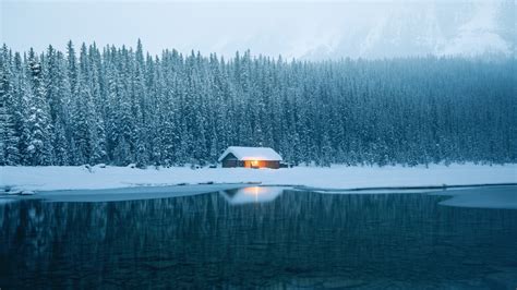 Brown Wooden House Winter Snow Ice Lake Hd Wallpaper Wallpaper Flare