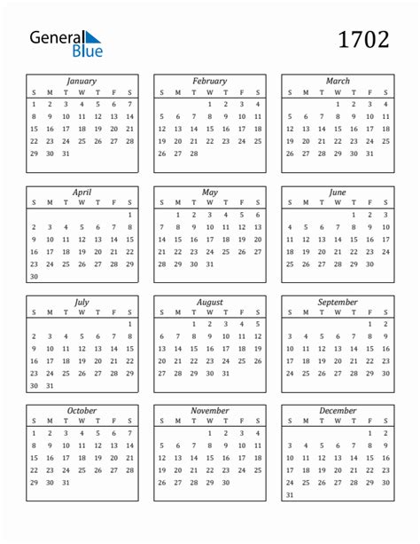 1702 Blank Yearly Calendar Printable